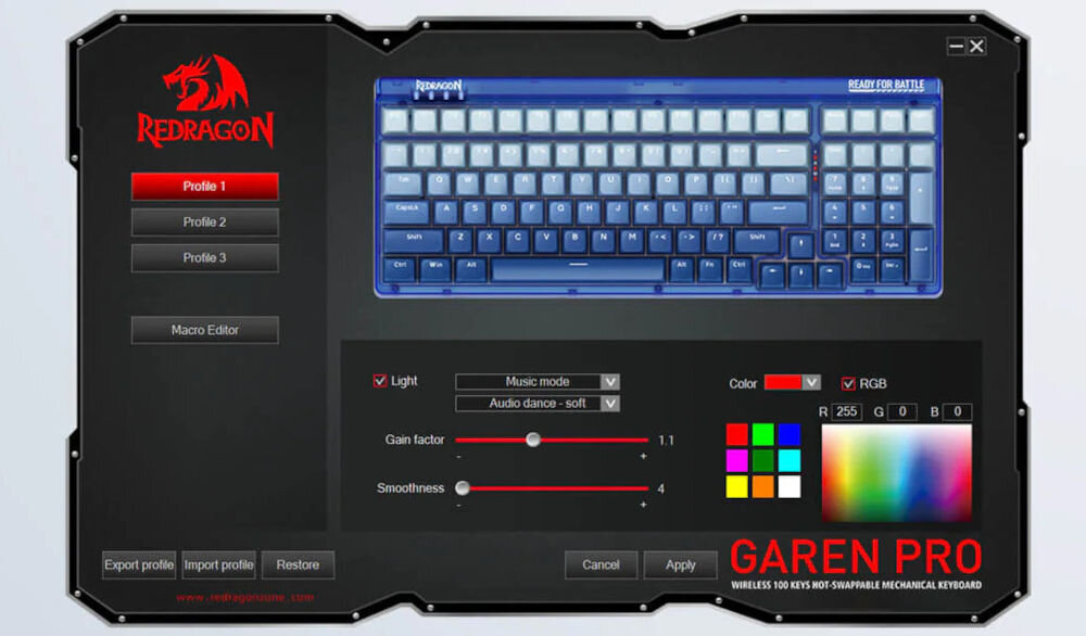 Klawiatura REDRAGON Garen Pro K656WGB-RGB-PRO prezentacja otwartego okna oprogramowania z możliwymi funkcjami do personalizacji oprogramowanie personalizacja Windows