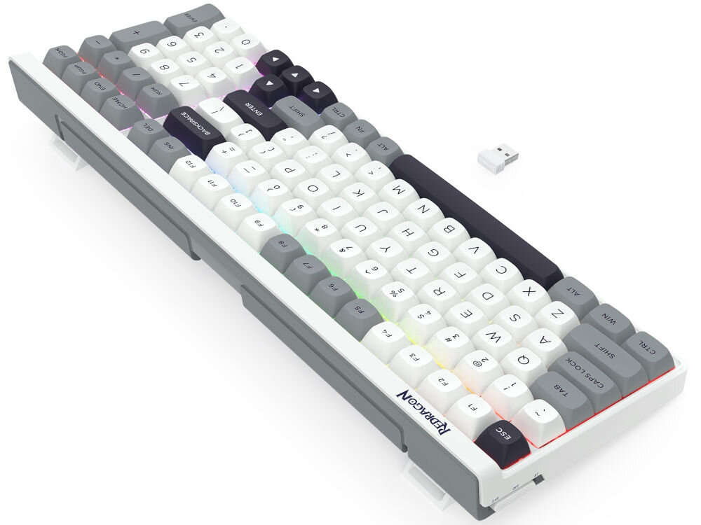 Klawiatura REDRAGON Garen Pro K656WGB-RGB-PRO prezentacja klawiatury pod kątem na białym tle z odbiornikiem USB-A kompatybilność Windows Mac Linux
