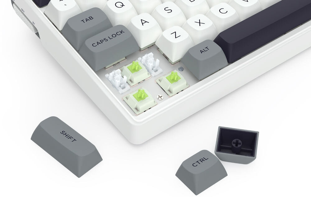Klawiatura REDRAGON Garen Pro K656WGB-RGB-PRO zbliżenie na przełączniki i wyjęte keycapy białe tło przełączniki Redragon Manbo dokładność płynność