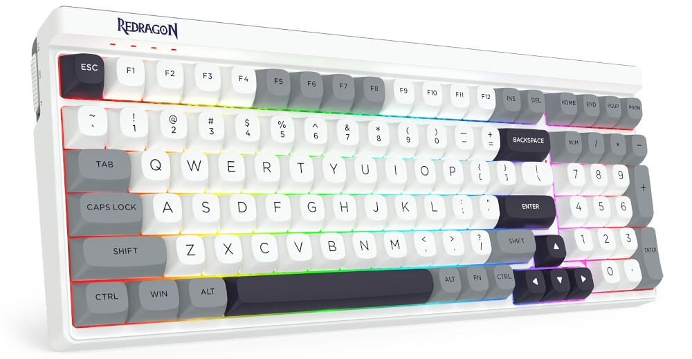 Klawiatura REDRAGON Garen Pro K656WGB-RGB-PRO prezentacja klawiatury od przodu pod kątem na białym tle keycap PBT trwałość odporność na ścieranie