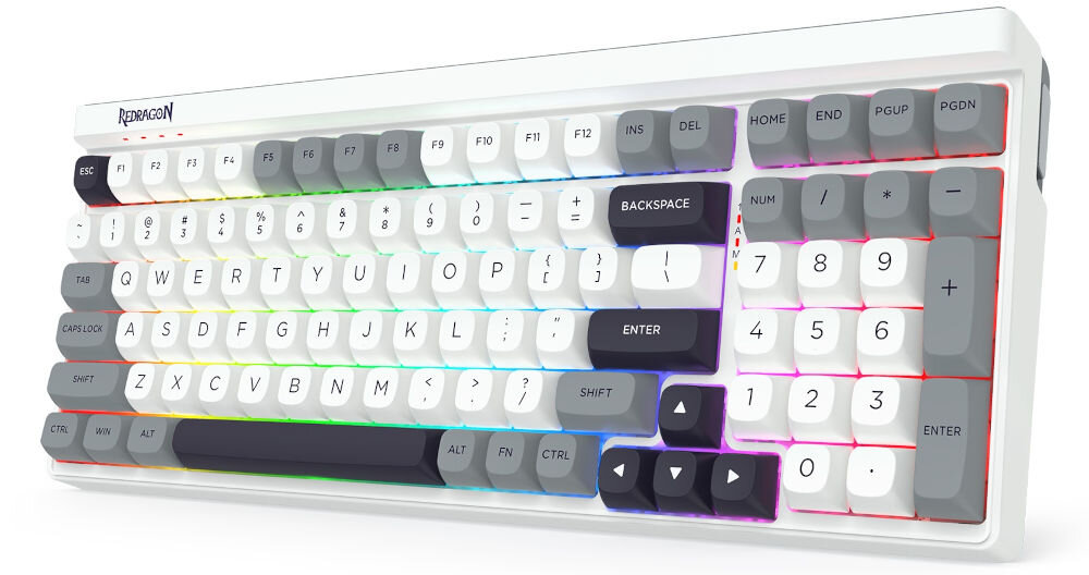 Klawiatura REDRAGON Garen Pro K656WGB-RGB-PRO prezentacja klawiatury od przodu pod kątem na białym tle anti-ghosting N-key rollover dokładność rejestrowania naciśnięć