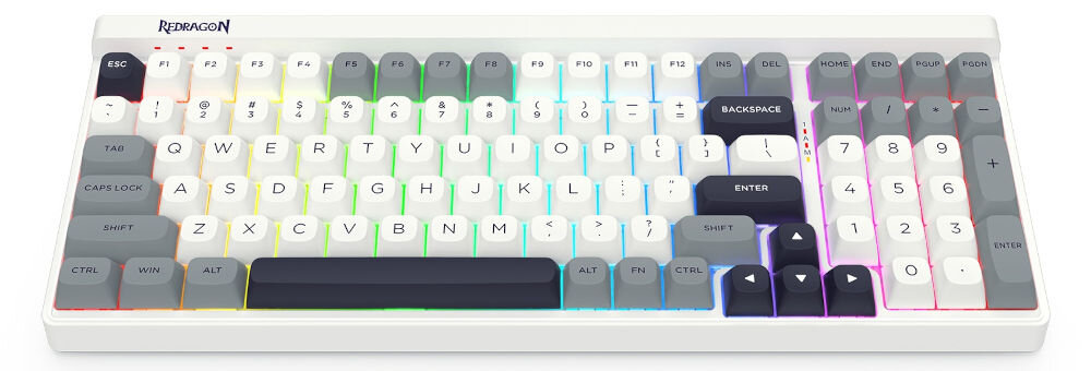 Klawiatura REDRAGON Garen Pro K656WGB-RGB-PRO prezentacja klawiatury od przodu w perspektywie na białym tle podświetlenie RGB efektowne indywidualność