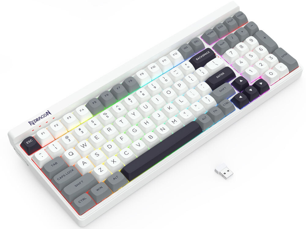 Klawiatura REDRAGON Garen Pro K656WGB-RGB-PRO prezentacja klawiatury od przodu pod kątem na białym tle z odbiornikiem USB-A bateria 4000 mAh długi czas pracy