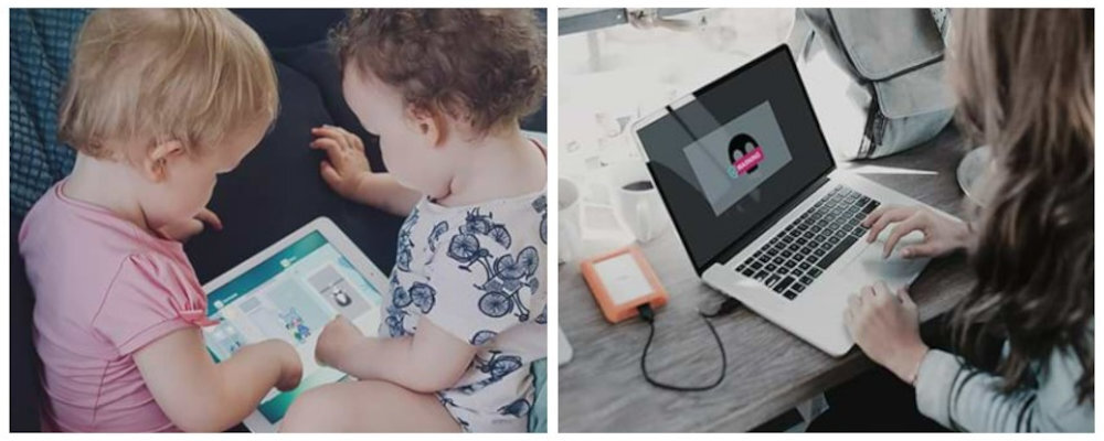 Po lewej stronie dwoje dzieci siedzi na kanapie i patrzy na tablet. Po prawej osoba pracuje na laptopie przy biurku, obok leży zewnętrzny dysk twardy.