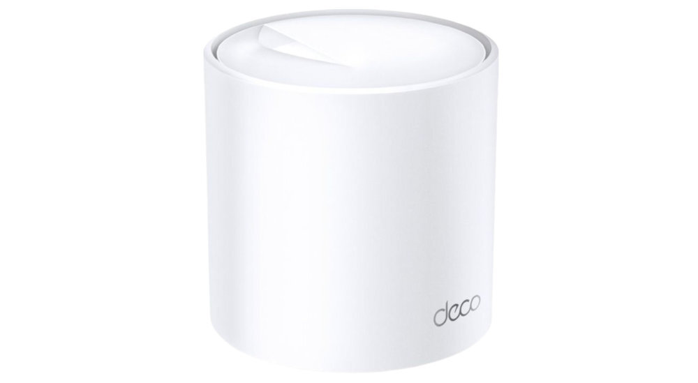 Na obrazie widoczny jest biały, cylindryczny router z napisem \'deco\' na dolnej części obudowy.