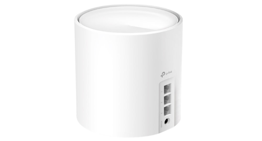 Biały, cylindryczny router z logo TP-Link, posiadający trzy porty sieciowe i jedno gniazdo zasilania.