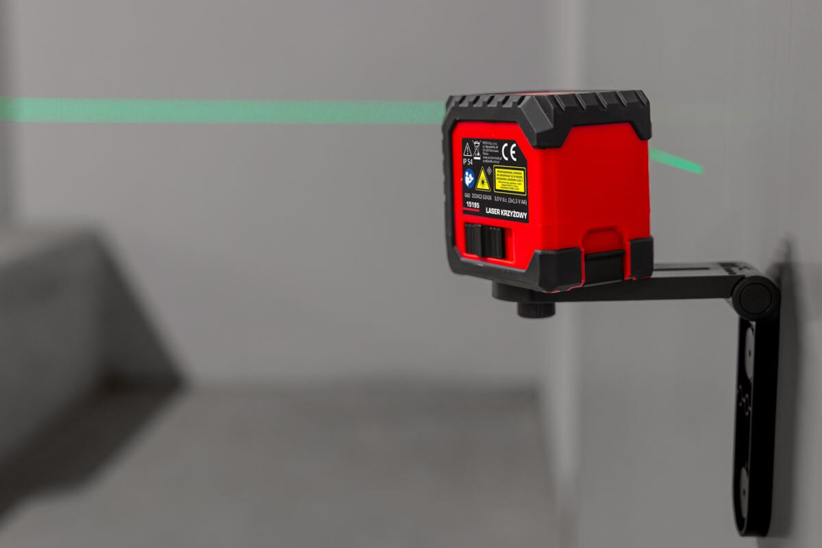Laser krzyżowy PROLINE 15195, laser, mierzenie, wyznaczanie, wiązka, laser zamontowany do uchwytu i ściany wyznacza poziom w pomieszczeniu