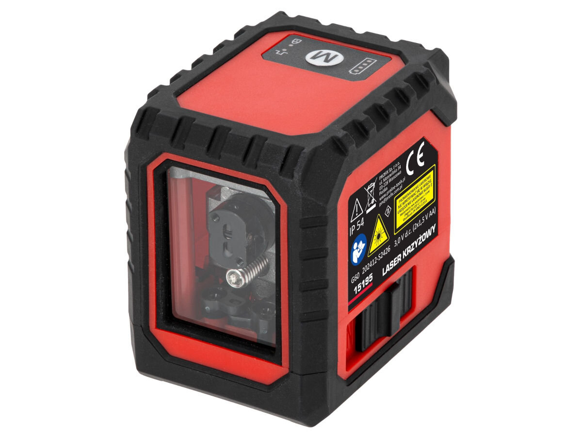 Laser krzyżowy PROLINE 15195, linie, poziomie, pionowe, zasięg, praca, na białym tle laser frontem prawo skos lekko od góry