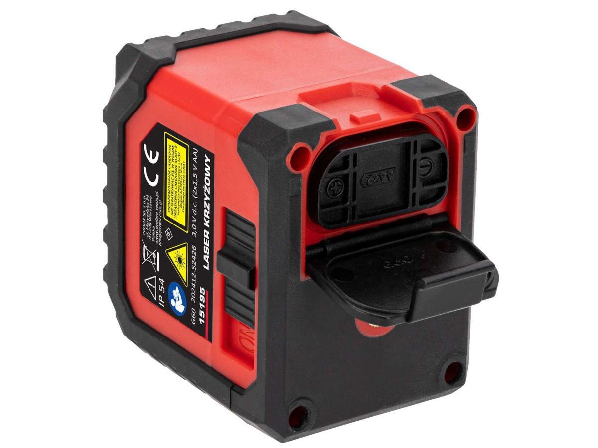 Laser krzyżowy PROLINE 15195, wnętrze, pył, zachlapanie, warunki, środowisko, na białym tle laser z otwartą tylnią klapką