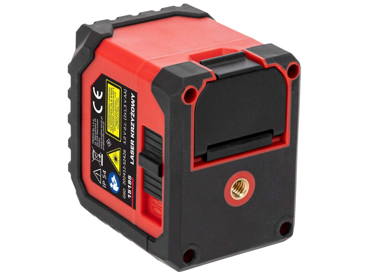 Laser krzyżowy PROLINE 15195, gwint, montażowy, statywy, uchwyty, na białym tle laser z wejściem na gwint montażowy frontem lewo skos