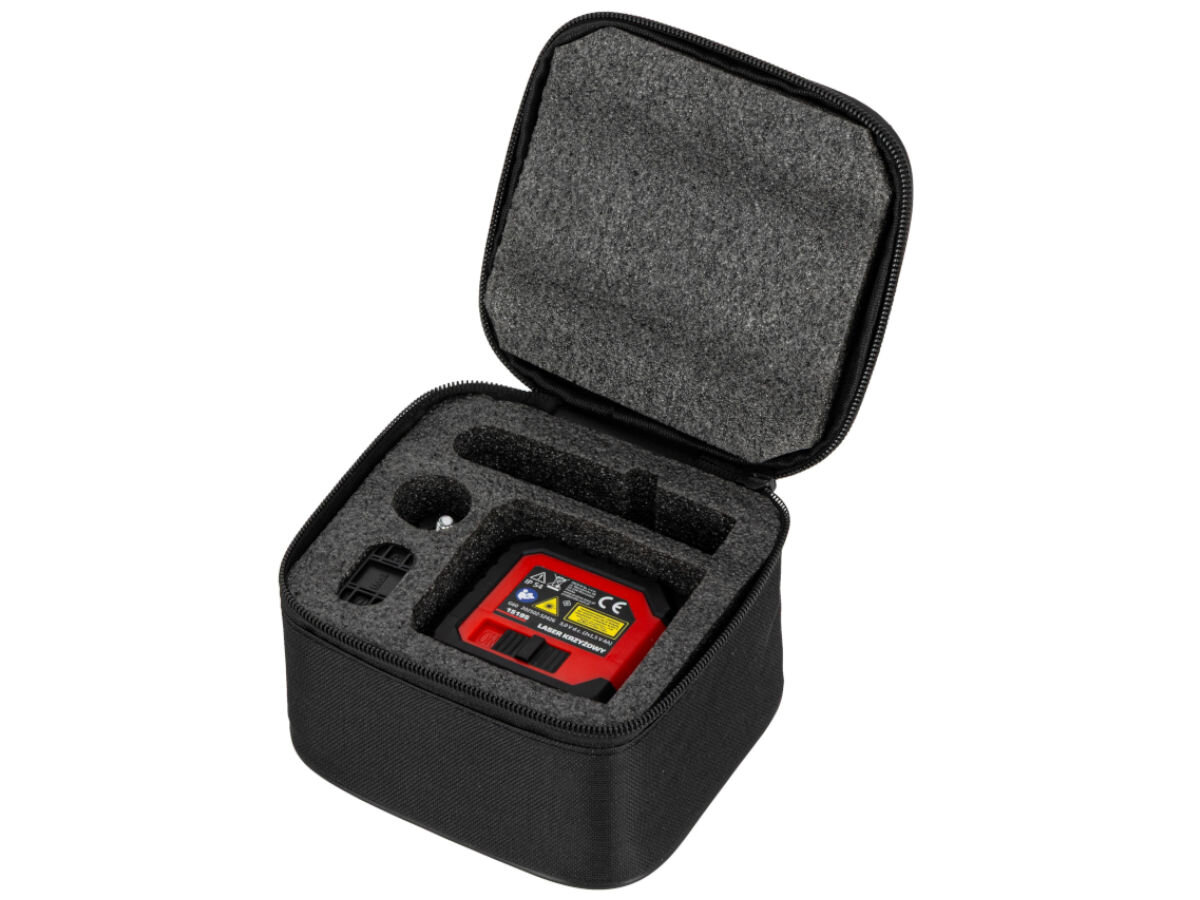 Laser krzyżowy PROLINE 15195, remonty, meble, uniwersalność, remonty, na białym tle etui na laser wraz z laserem w środku