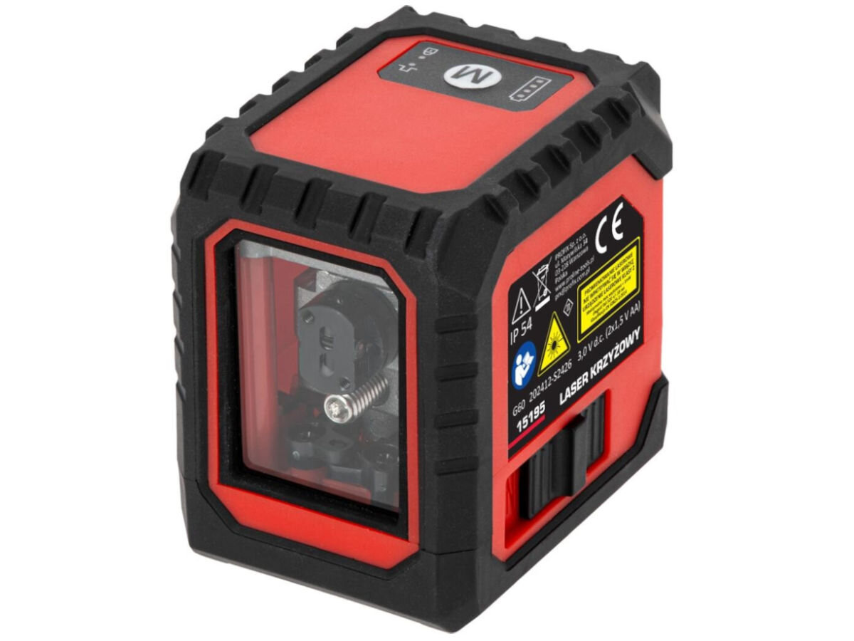 Laser krzyżowy PROLINE 15196, linie, poziomie, pionowe, zasięg, praca, na białym tle laser frontem prawo skos lekko od góry