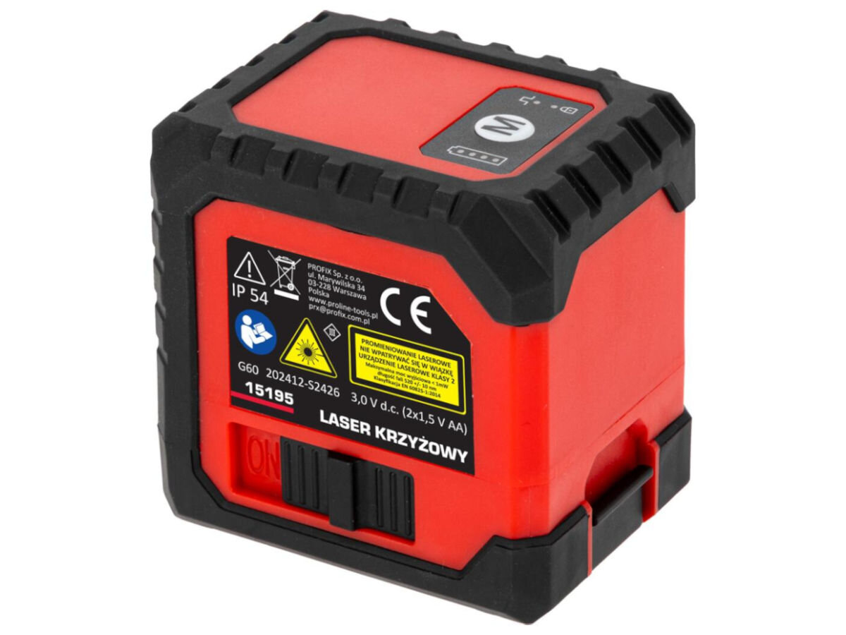Laser krzyżowy PROLINE 15196, czas, reagowanie, błędy, lekki, na białym tle laser od tyłu i boku frontem lewo skos