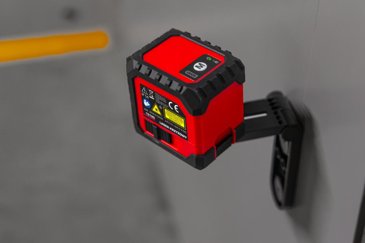 Laser krzyżowy PROLINE 15196, pomieszczenia, wiązka, widoczne, linie, planowanie, laser zamontowany do uchwytu i ściany