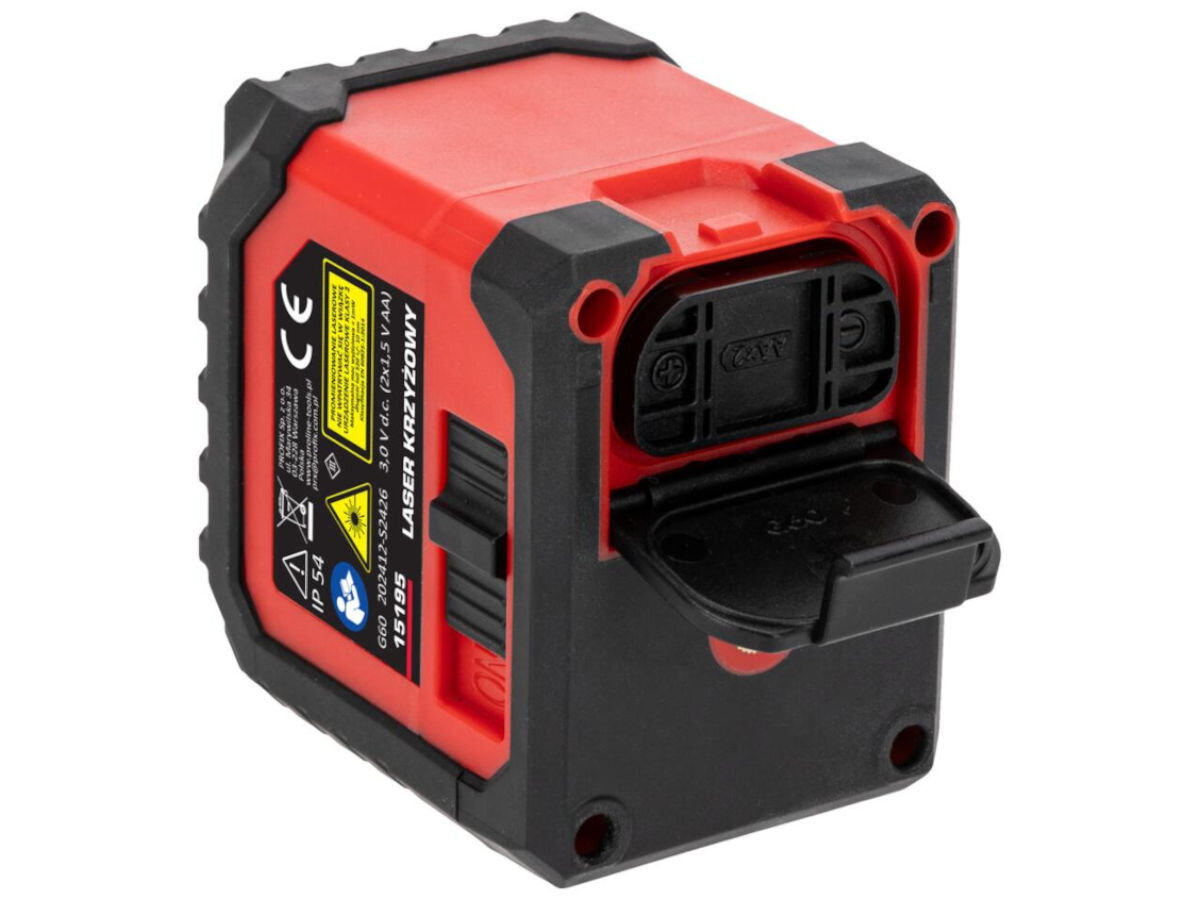 Laser krzyżowy PROLINE 15196, wnętrze, pył, zachlapanie, warunki, środowisko, na białym tle laser z otwartą tylnią klapką