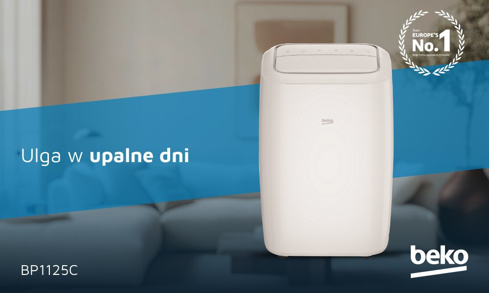 Na obrazie widoczny jest biały klimatyzator przenośny z logo \'beko\'. Na niebieskim tle znajduje się tekst: \'Ulga w upalne dni\', a w rogu widnieje napis \'Europe\'s No. 1\'.