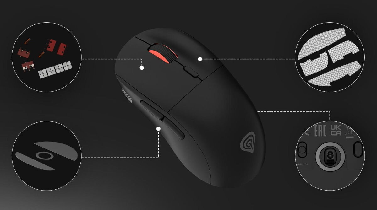 Mysz GENESIS Zircon XIII Czarny sensor Pixart PAW3395 wysokiej klasy podzespoły wymienne przełączniki Kailh 8.0 żywotność do 80 milionów kliknięć enkoder TTC Gold ślizgacze z PTFE