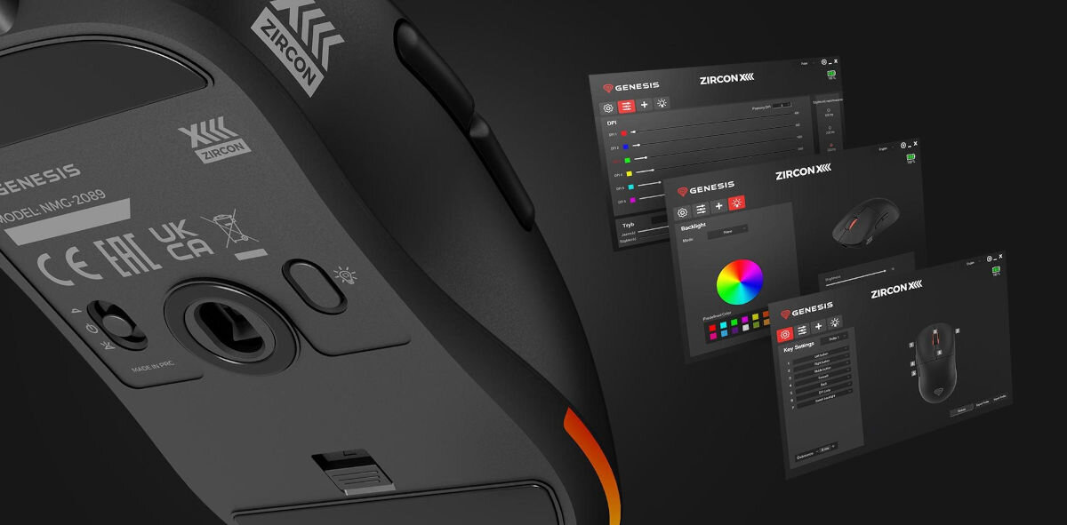 Mysz GENESIS Zircon XIII Czarny przełącznik na spodzie szybkie przełączanie między trybem przewodowym a bezprzewodowym dedykowany przycisk dostosowanie trybu podświetlenia wbudowana pamięć oprogramowanie