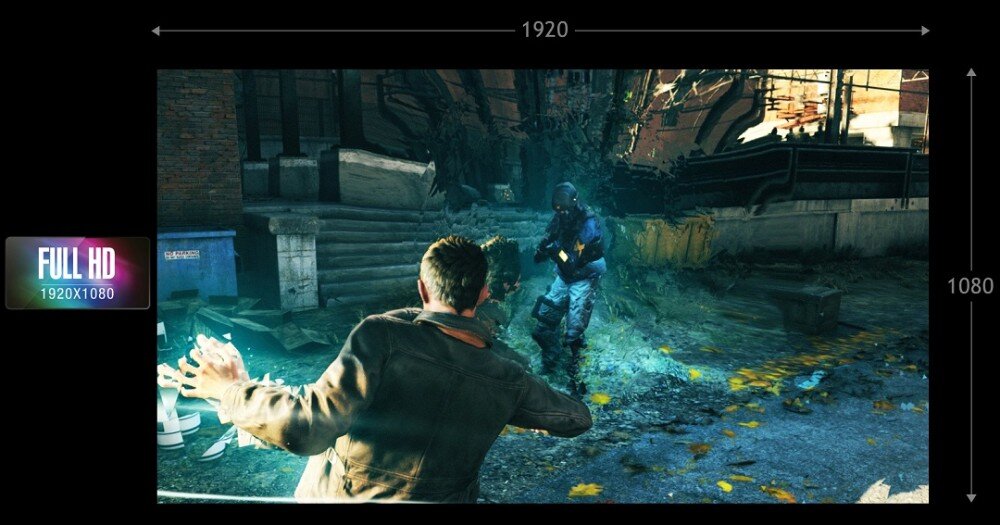 Monitor ACER SA273G0 Klatka z gry komputerowej przedstawiająca postać w dynamicznej pozie z wyciągniętą ręką, celującą w przeciwnika. Na ekranie widoczna rozdzielczość 1920x1080 pikseli oraz napis Full HD, przekątna, rozdzielczość, kolory, matryca