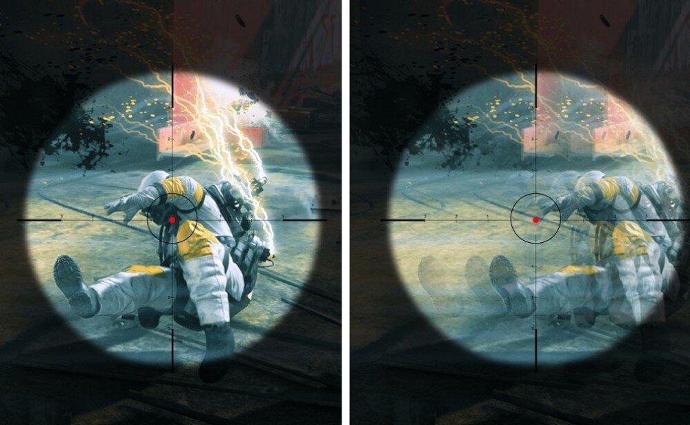 Monitor ACER SA273G0 Porównanie dwóch obrazów w celowniku lunety. Po lewej obraz jest wyraźny i ostry, po prawej rozmazany. Na obu widać postać w kombinezonie trafioną przez błysk energii, odświeżanie, płynność