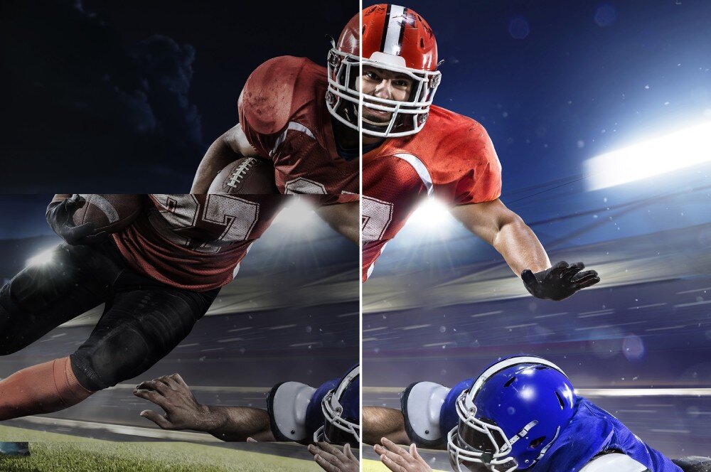 Monitor ACER SA273G0 Porównanie dwóch ujęć zawodnika futbolu amerykańskiego w locie. Po lewej stronie obraz jest ciemniejszy, po prawej jaśniejszy i bardziej szczegółowy. W tle widoczne są reflektory stadionowe i drugi zawodnik w niebieskim stroju, AdaptiveSync