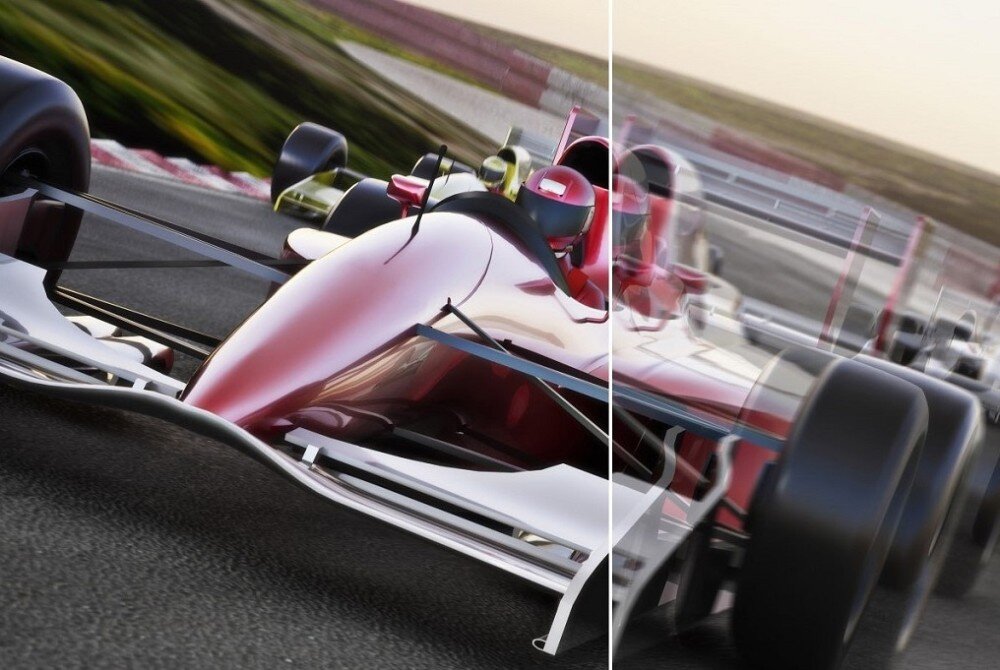 Monitor ACER SA273G0 Porównanie dwóch ujęć bolidu wyścigowego. Po lewej stronie obraz jest ostry i szczegółowy, po prawej rozmyty. Pojazdy znajdują się na torze wyścigowym, w ruchu, czas reakcji, widoczność