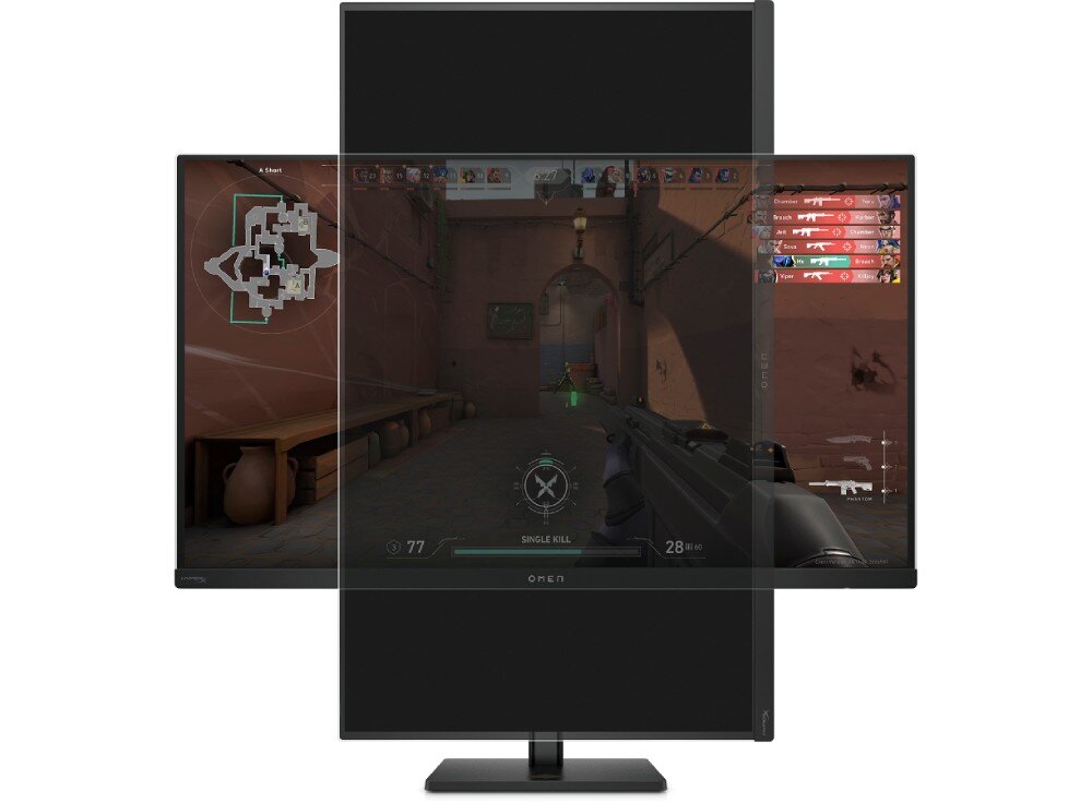 Monitor HP OMEN Transcend 9R181E9 Ekran monitora ukazany w dwóch położeniach, w tym obrócony pionowo o dziewięćdziesiąt stopni w funkcji pivot