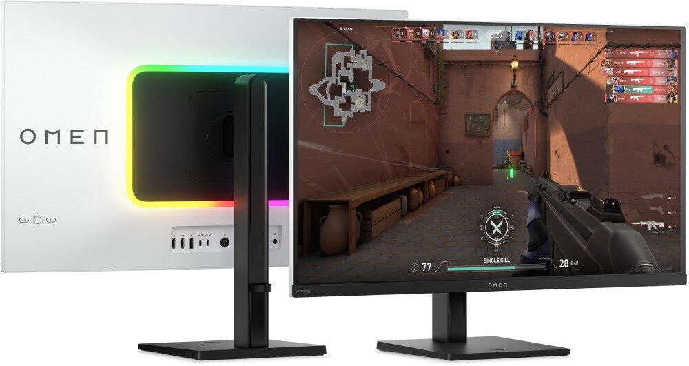 Monitor HP OMEN Transcend 9R181E9 Przednia strona monitora z wyświetlaną grą stoi obok tylnej obudowy z kolorowym podświetleniem oraz widocznym panelem portów