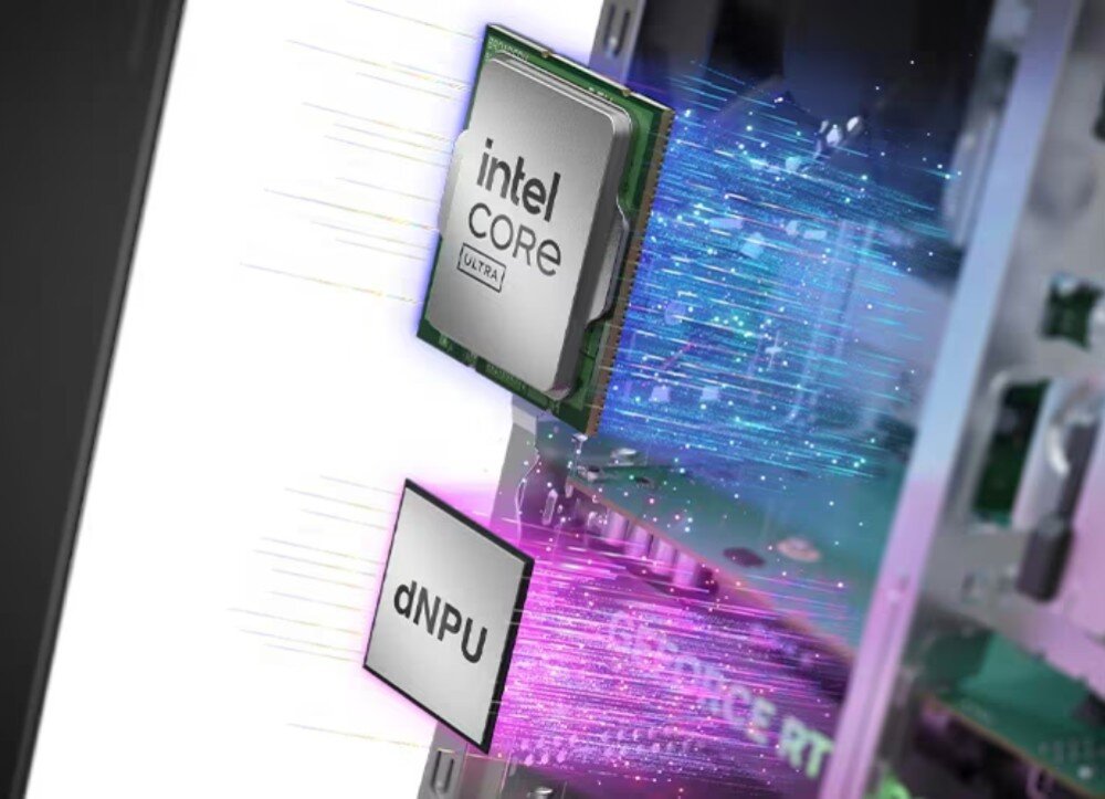 Komputer LENOVO ThinkCentre neo 50t Gen 6 Grafika prezentuje wnętrze komputera z widocznym procesorem z napisem 'intel CORE ULTRA' oraz mniejszym układem opisanym jako 'dNPU'. Od komponentów rozchodzą się świetliste, błękitne i fioletowe smugi, procesor, rdzenie, taktowanie
