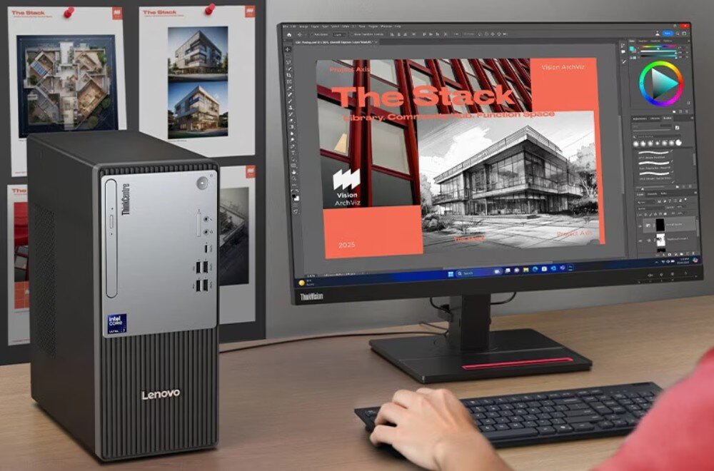 Komputer LENOVO ThinkCentre neo 50t Gen 6 Zdjęcie przedstawia dłoń na klawiaturze oraz monitor, na którym otwarty jest program graficzny z projektem architektonicznym budynku, Ethernet, porty, podłaczenie