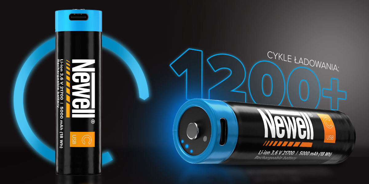 Akumulatorki NEWELL 21700 USB-C 5000 mAh (2 szt.), ładowanie, wskaźnik, diody, prostota, 1200+ cykli ładowania akumulatorów Newell.