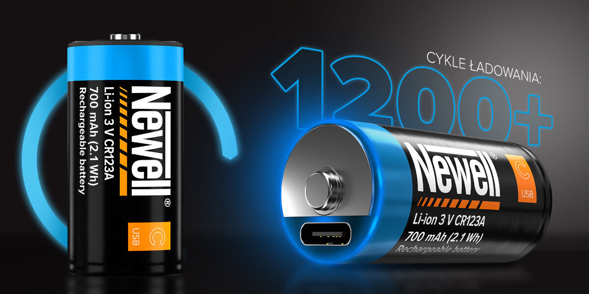 Akumulatorki NEWELL NL4206 CR123A USB-C 700 mAh (2 szt.), LED, wskaźnik, kontrola, prostota, 1200+ cykli Newell CR24 Li-ion 700mAh.