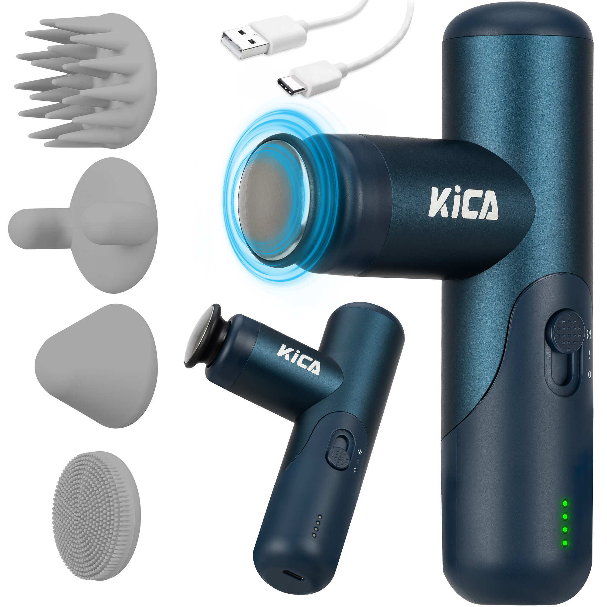Na obrazie widoczny jest masażer wibracyjny w kolorze morskim z logo \'KiCA\', z różnymi wymiennymi końcówkami oraz kablem USB-C. Masażer ma cylindryczny kształt z przyciskiem i wskaźnikiem LED.