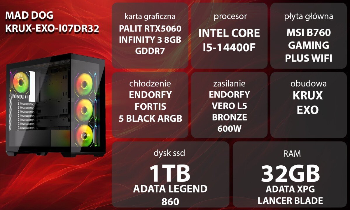 Komputer MAD DOG GeForce RTX5060 DLSS 4 Reflex Edition 2 KRUX-EXO-I07DR32 Grafika przedstawiająca specyfikację komputera, z podziałem na podzespoły. W lewej części znajduje się model komputera, a obok niego informacje o podzespołach, opis