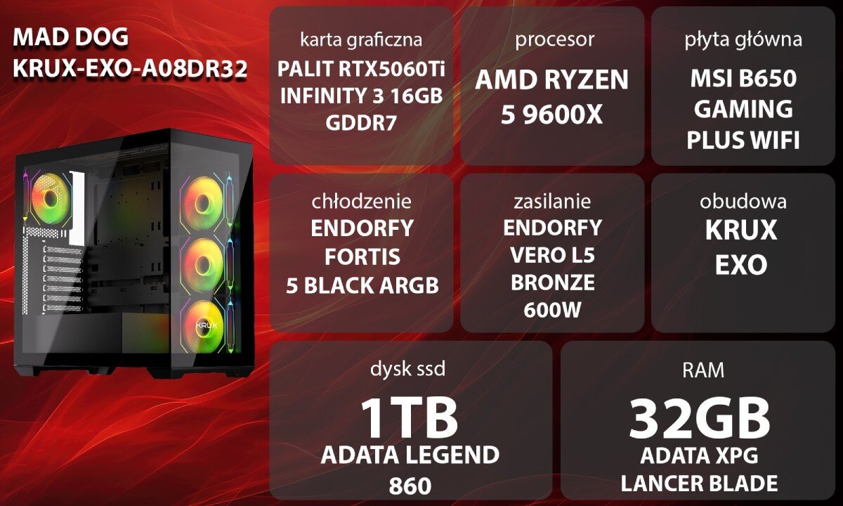 Komputer MAD DOG GeForce RTX5060Ti DLSS 4 Reflex Edition 2 KRUX-EXO-A08DR32 Grafika przedstawiająca specyfikację komputera, z podziałem na podzespoły. W lewej części znajduje się model komputera, a obok niego informacje o podzespołach, opis