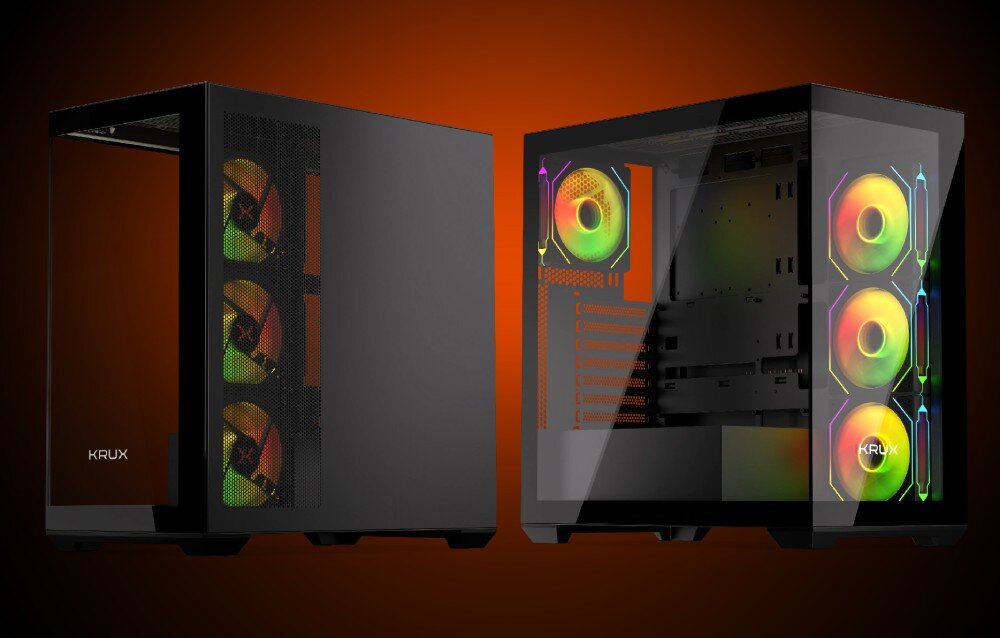 Komputer MAD DOG GeForce RTX5060 DLSS 4 Reflex Edition 2 KRUX-EXO-I07WR32WP Pusta obudowa komputerowa z przezroczystym panelem bocznym i przednim oraz wentylatorami ARGB na pomarańczowo-czarnym tle, obudowa wygląd, podświetlenie, wentylacja, porty