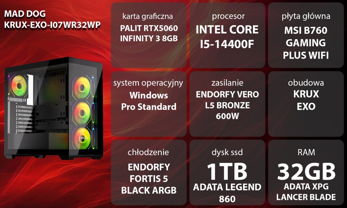 Komputer MAD DOG GeForce RTX5060 DLSS 4 Reflex Edition 2 KRUX-EXO-I07WR32WP Grafika przedstawiająca specyfikację komputera, z podziałem na podzespoły. W lewej części znajduje się model komputera, a obok niego informacje o podzespołach, opis