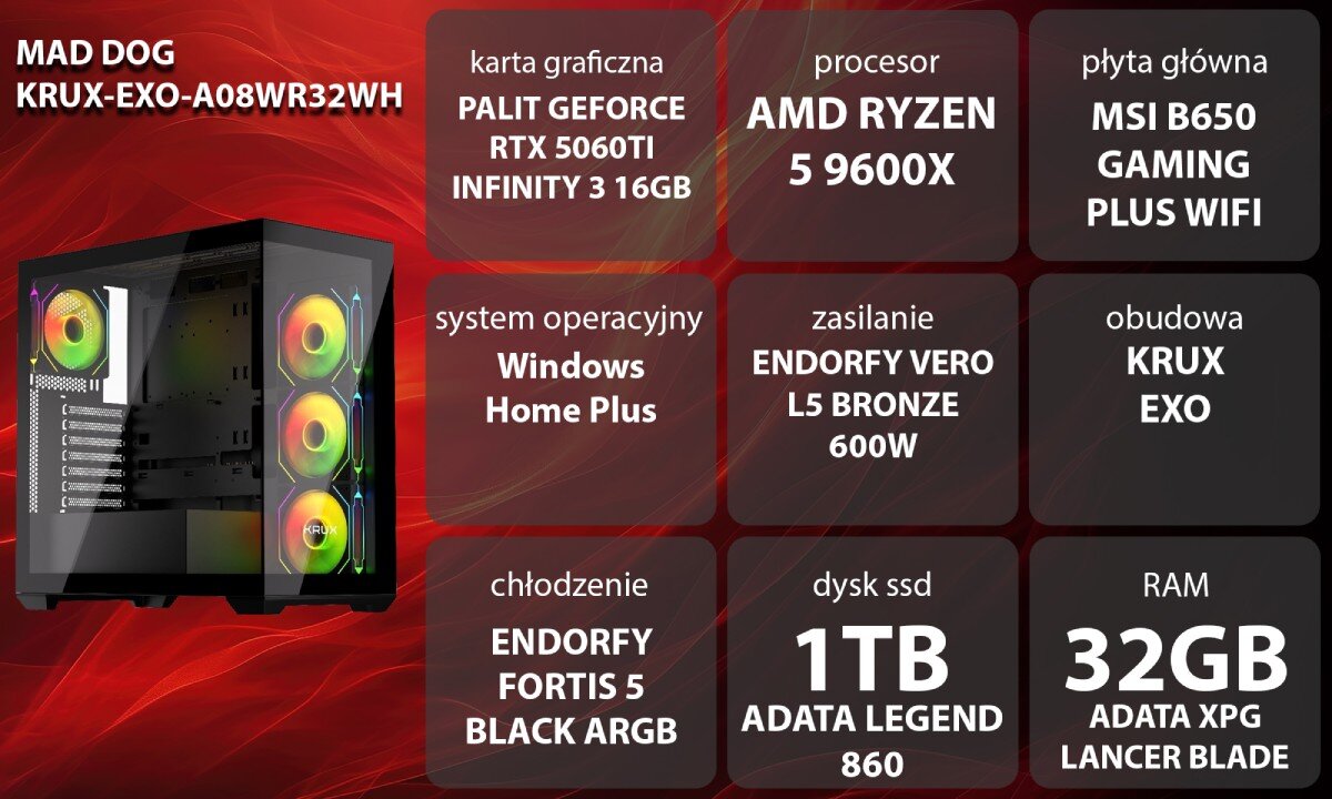 Komputer MAD DOG GeForce RTX5060Ti DLSS 4 Reflex Edition 2 KRUX-EXO-A08WR32WH Grafika przedstawiająca specyfikację komputera, z podziałem na podzespoły. W lewej części znajduje się model komputera, a obok niego informacje o podzespołach, opis