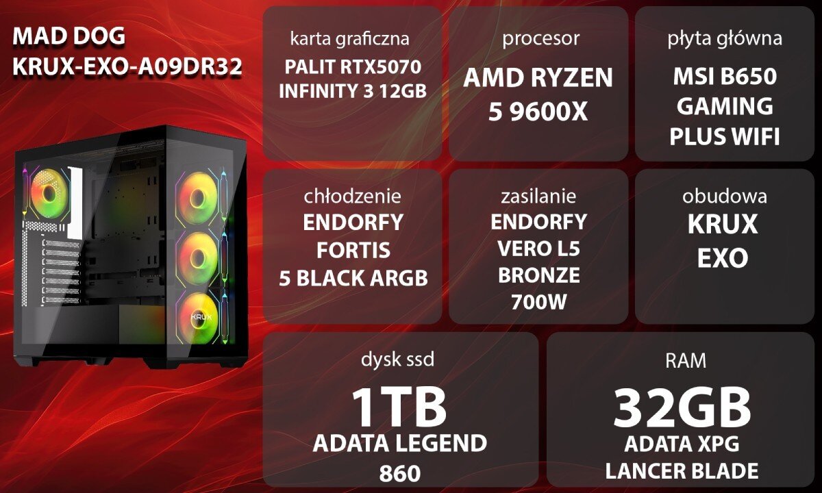 Komputer MAD DOG GeForce RTX5070 DLSS 4 Reflex Edition 2 KRUX-EXO-A09DR32 Grafika przedstawiająca specyfikację komputera, z podziałem na podzespoły. W lewej części znajduje się model komputera, a obok niego informacje o podzespołach, opis
