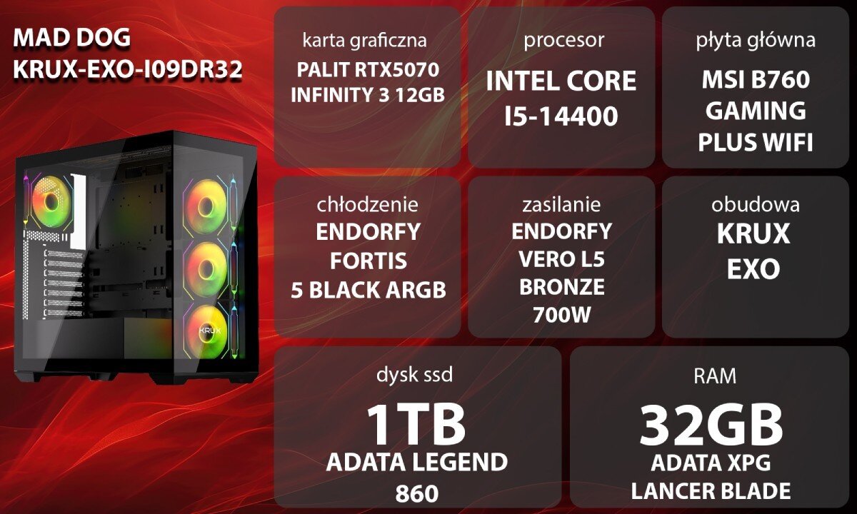 Komputer MAD DOG GeForce RTX5070 DLSS 4 Reflex Edition 2 KRUX-EXO-I09DR32 Grafika przedstawiająca specyfikację komputera, z podziałem na podzespoły. W lewej części znajduje się model komputera, a obok niego informacje o podzespołach, opis