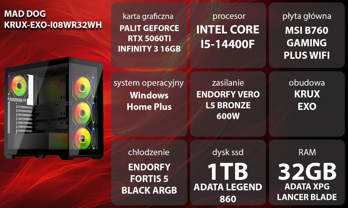 Komputer MAD DOG GeForce RTX5060Ti DLSS 4 Reflex Edition 2 KRUX-EXO-I08WR32WH Grafika przedstawiająca specyfikację komputera, z podziałem na podzespoły. W lewej części znajduje się model komputera, a obok niego informacje o podzespołach, opis