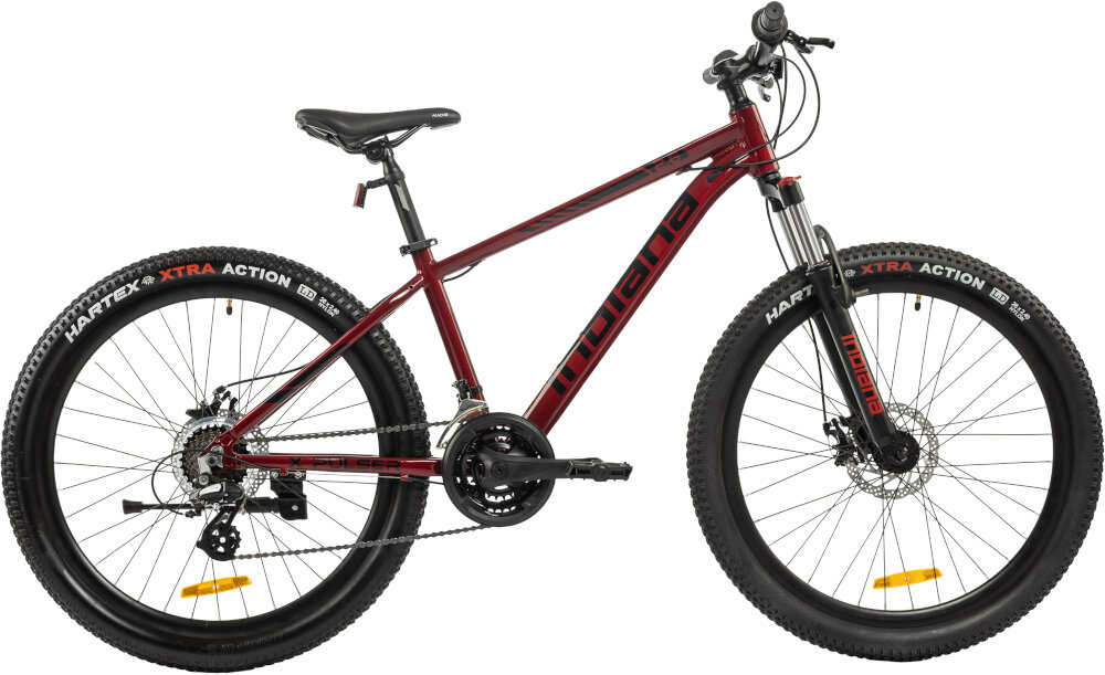 Rower młodzieżowy INDIANA X-Pulser 2.6 26 cale Czerwony rower na białym tle widoczny z boku komfort jazdy odpowiednia kontrola nad rowerem 15-calowa aluminiowa rama rower bardzo zwinny lekki łatwo go podnieść dostosowana do najmłodszych geometria wybór rozmiaru ramy Twój wzrost mierzony w zrelaksowanej pozycji typ roweru