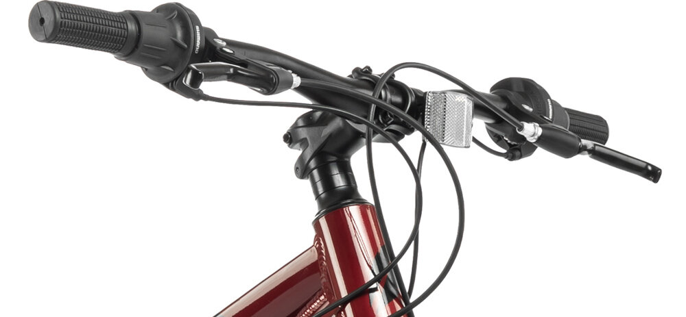 Rower młodzieżowy INDIANA X-Pulser 2.6 26 cale Czerwony kierownica widoczna od przodu na białym tle stalowa kierownica aluminiowy wspornik lekkość trwałość antypoślizgowy materiał pewny chwyt dzwonek zamontowany na kierownicy