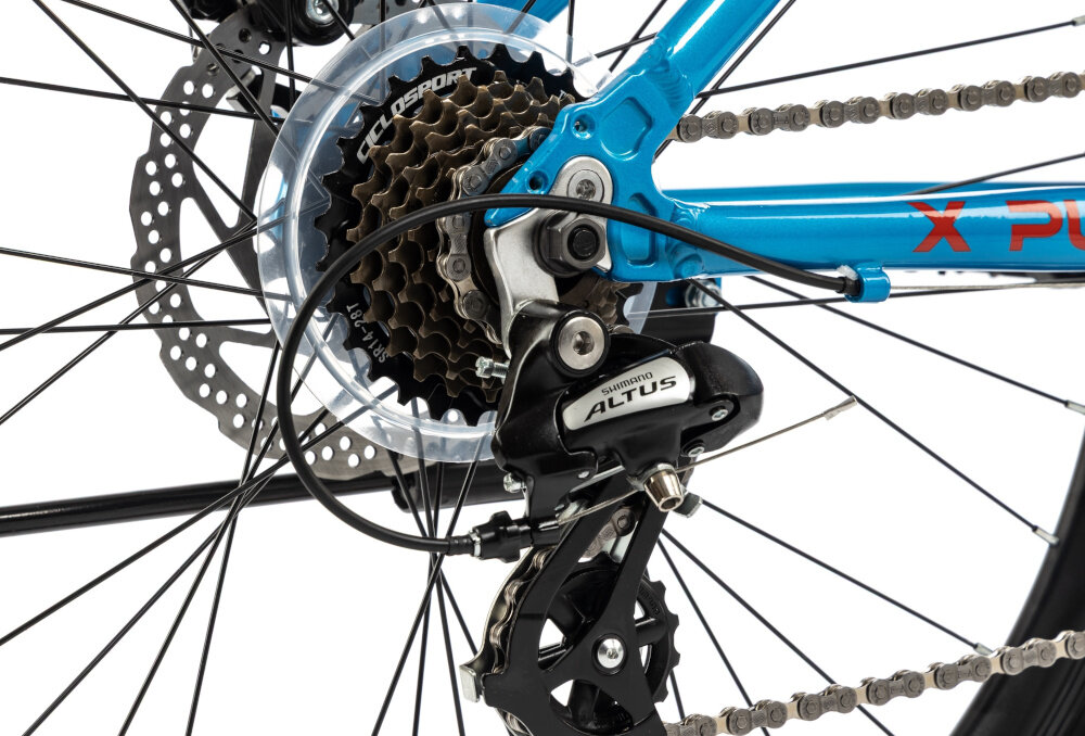 Rower młodzieżowy INDIANA X-Pulser 2.6 26 cale Niebiesko-czerwony zbliżenie na przerzutki 21 przełożeń przednia przerzutka SHIMANO Tourney do rekreacyjnej jazdy na rowerze duża wytrzymałość sprawne działanie zmiana biegów jest płynna i bezproblemowa tylna przerzutka SHIMANO Altus technologia Shadow przerzutka jest schowana i mniej narażona na uszkodzenia