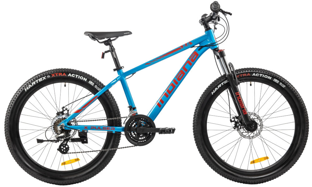 Rower młodzieżowy INDIANA X-Pulser 2.6 26 cale Niebiesko-czerwony rower na białym tle widoczny z boku komfort jazdy odpowiednia kontrola nad rowerem 15-calowa aluminiowa rama rower bardzo zwinny lekki łatwo go podnieść dostosowana do najmłodszych geometria wybór rozmiaru ramy Twój wzrost mierzony w zrelaksowanej pozycji typ roweru