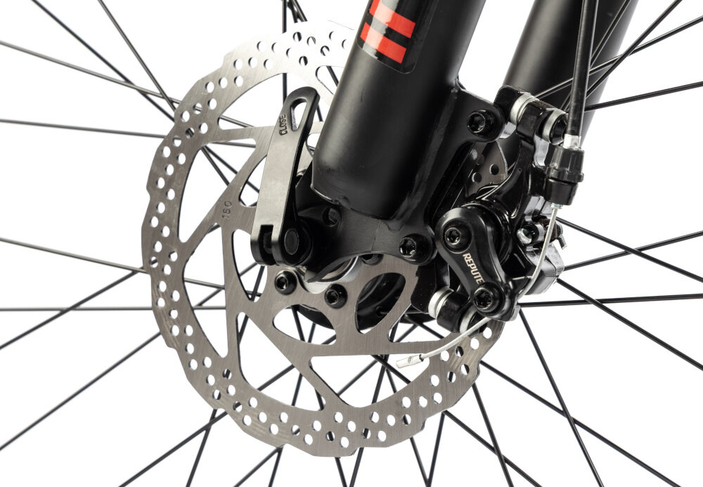 Rower młodzieżowy INDIANA X-Pulser 2.6 26 cale Niebiesko-czerwony zbliżenie hamulec podstawa bezpieczeństwa hamulce tarczowe mechaniczne do jazdy w każdych warunkach pogodowych na każdej trasie bardzo duża siła hamowania z przodu i z tyłu podwójny pakiet bezpieczeństwa