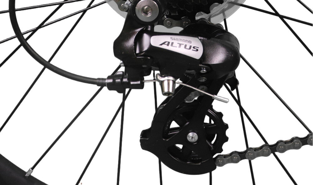 Rower młodzieżowy INDIANA X-Pulser 2.6 26 cale Niebiesko-czerwony zbliżenie na przerzutki 21 przełożeń przednia przerzutka SHIMANO Tourney do rekreacyjnej jazdy na rowerze duża wytrzymałość sprawne działanie zmiana biegów jest płynna i bezproblemowa tylna przerzutka SHIMANO Altus technologia Shadow przerzutka jest schowana i mniej narażona na uszkodzenia