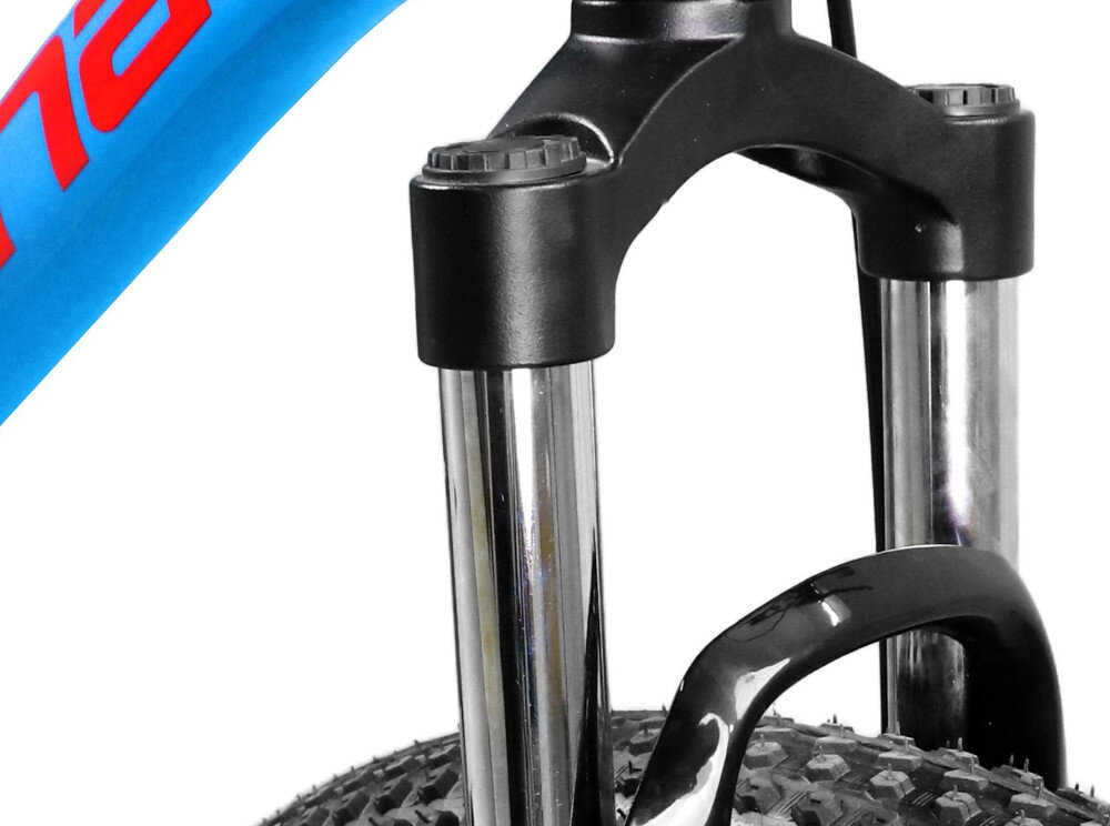 Rower młodzieżowy INDIANA X-Pulser 2.6 26 cale Niebiesko-czerwony zbliżenie na amortyzator rower typu hardtail przedni amortyzator sprężynowy marki INDIANA ułatwia najeżdżanie na przeszkody i niweluje wstrząsy na kierownicy