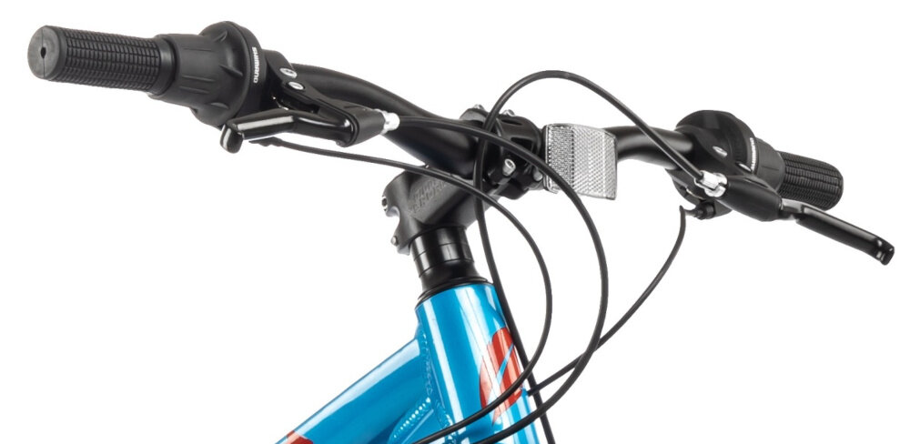 Rower młodzieżowy INDIANA X-Pulser 2.6 26 cale Niebiesko-czerwony kierownica widoczna od przodu na białym tle stalowa kierownica aluminiowy wspornik lekkość trwałość antypoślizgowy materiał pewny chwyt dzwonek zamontowany na kierownicy