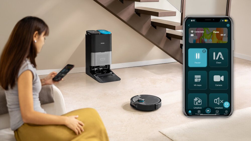 Robot sprzątający CECOTEC Conga 20090 ProAI InfinitySoap zdjęcie lifestyle Zdalne zarządzanie Łączność Wi-Fi 2,4 GHz i 5 GHz oraz Bluetooth System AI PlanMaster  w czasie rzeczywistym